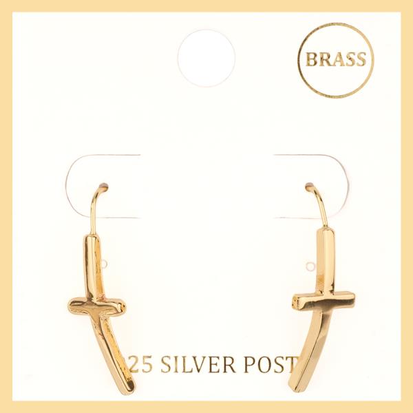 BRASS CROSS CURVED EARRING