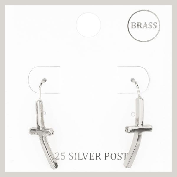 BRASS CROSS CURVED EARRING