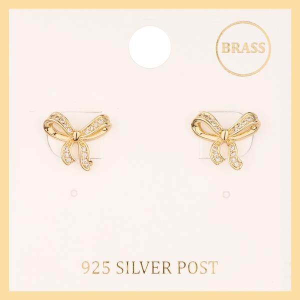 BRASS RHINESTONE RIBBON BOW POST EARRING