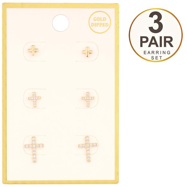 RHINESTONE CROSS ASSORTED GOLD DIPPED EARRING SET
