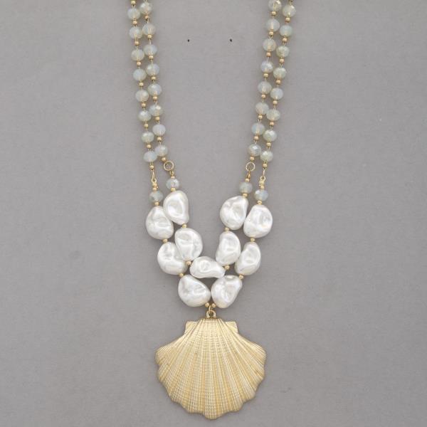SEASHELL PENDANT PEARL BEAD LAYERED NECKLACE