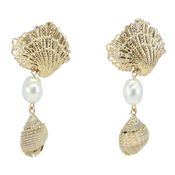 SEASHELL PEARL BEAD LINK DANGLE EARRING