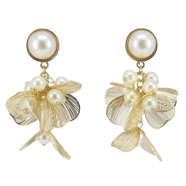 PEARL BEAD FLOWER METAL DANGLE EARRING