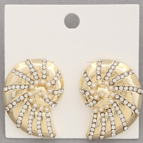 RHINESTONE PEARL BEAD METAL SEASHELL EARRING