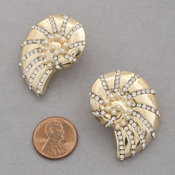 RHINESTONE PEARL BEAD METAL SEASHELL EARRING