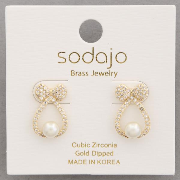 SODAJO PEARL BEAD CZ RIBBON BOW GOLD DIPPED EARRING