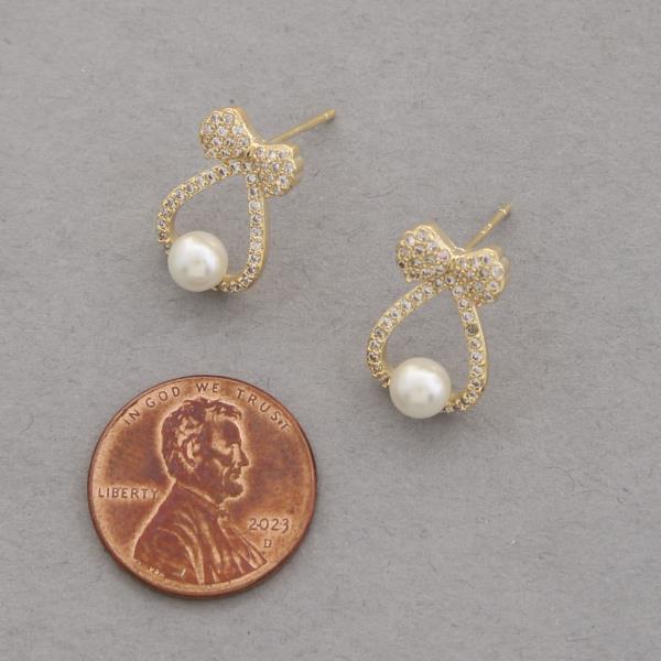 SODAJO PEARL BEAD CZ RIBBON BOW GOLD DIPPED EARRING