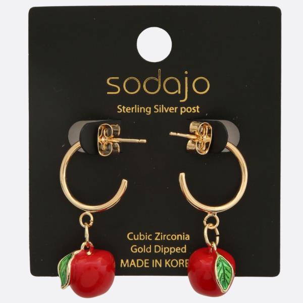 SODAJO APPLE CHARM OPEN HOOP GOLD DIPPED EARRING