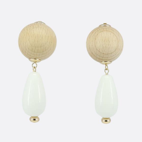 WOOD BEAD TEARDROP STONE DANGLE EARRING