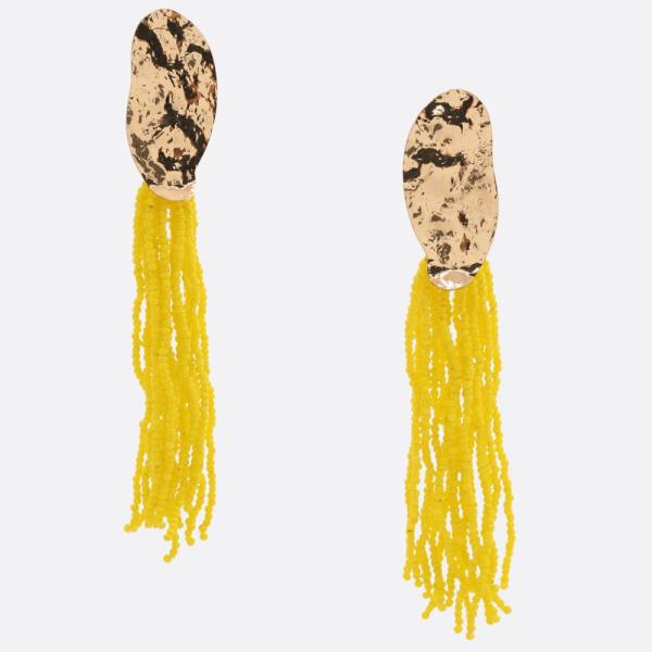 HAMMERED METAL SEED BEAD TASSEL DANGLE EARRING