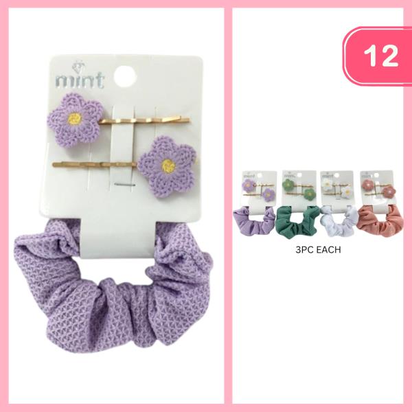 CROCHET FLOWER BOBBY PIN SCRUNCHIE HAIR SET (12 UNITS)