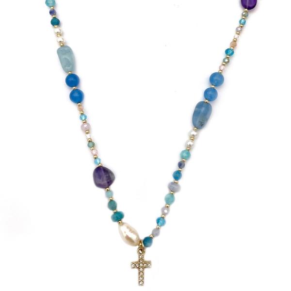 CROSS CHARM MIXED BEAD NECKLACE