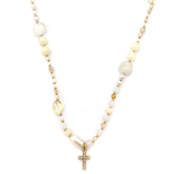 CROSS CHARM MIXED BEAD NECKLACE