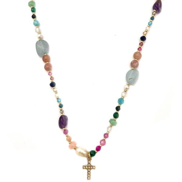 CROSS CHARM MIXED BEAD NECKLACE