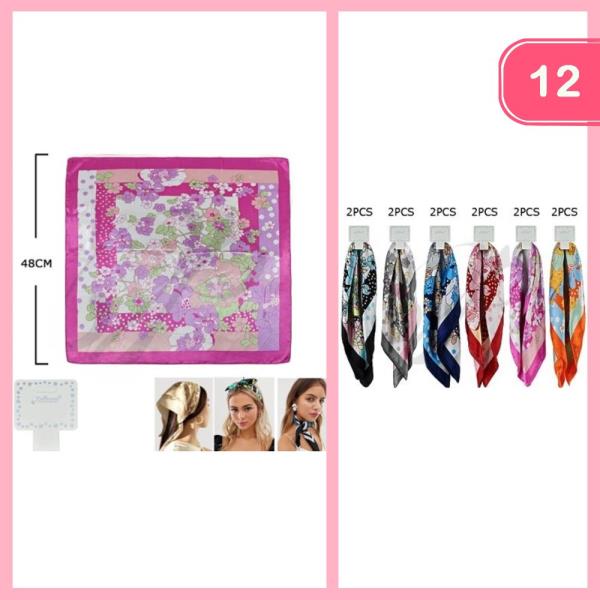 FLOWER SATIN SQUARE MULTI USE HAIR SCARF BANDANA (12 UNITS)