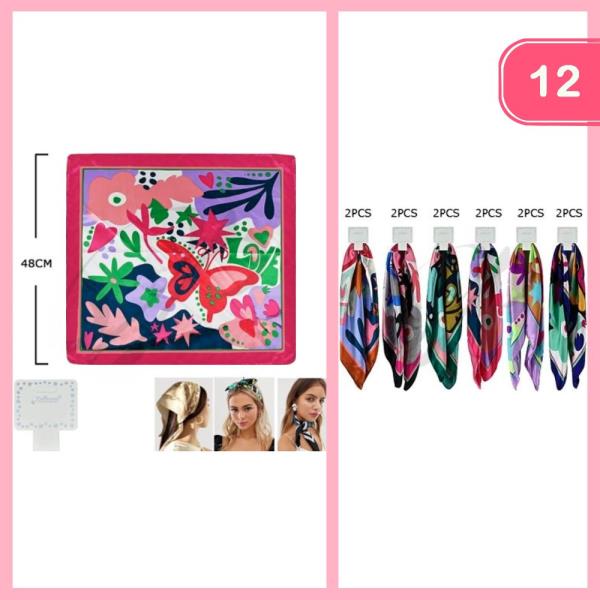 BUTTERFLY FLOWER SATIN SQUARE MULTI USE HAIR SCARF BANDANA (12 UNITS)