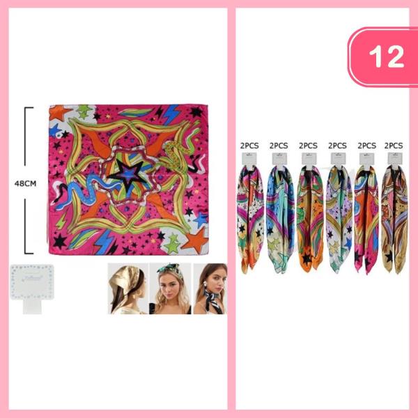 STAR PRINT SATIN SQUARE MULTI USE HAIR SCARF BANDANA (12 UNITS)
