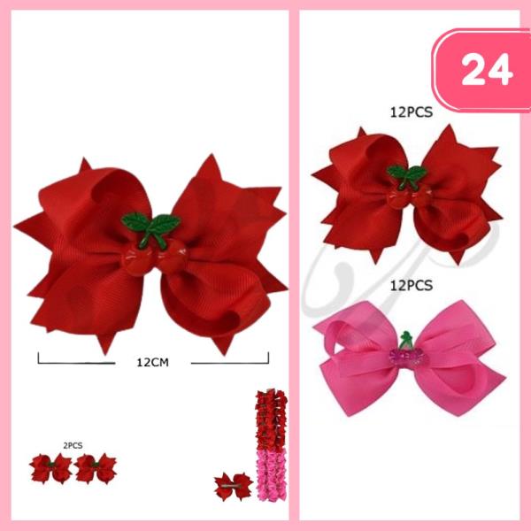 CHERRY RIBBON HAIR BOW PIN (12 UNITS)