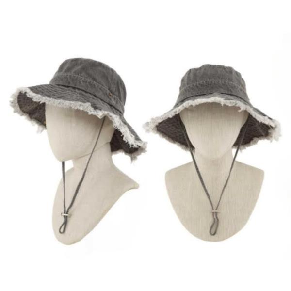 2 PC FRAYED EDGE VINTAGE WASH DENIM ADJUSTABLE STRAP BUCKET HAT
