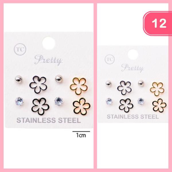 STAINLESS STEEL FLOWER POST EARRING SET (12 UNITS)