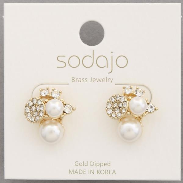 SODAJO PEARL RHINESTONE CLUSTER GOLD DIPPED EARRING