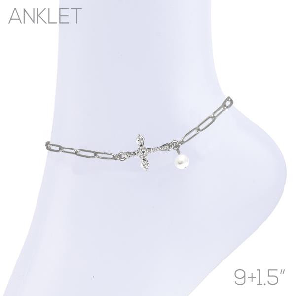 CROSS PEARL BEAD OVAL LINK ANKLET