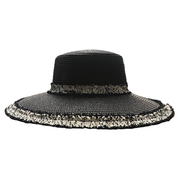 STRAW EDGE TWEED ROSE BAND SUN HAT