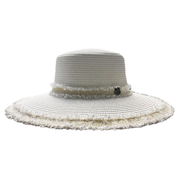 STRAW EDGE TWEED ROSE BAND SUN HAT