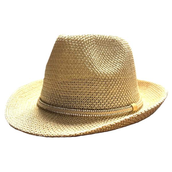 STRAW RHINESTONE BAND PANAMA SUN HAT