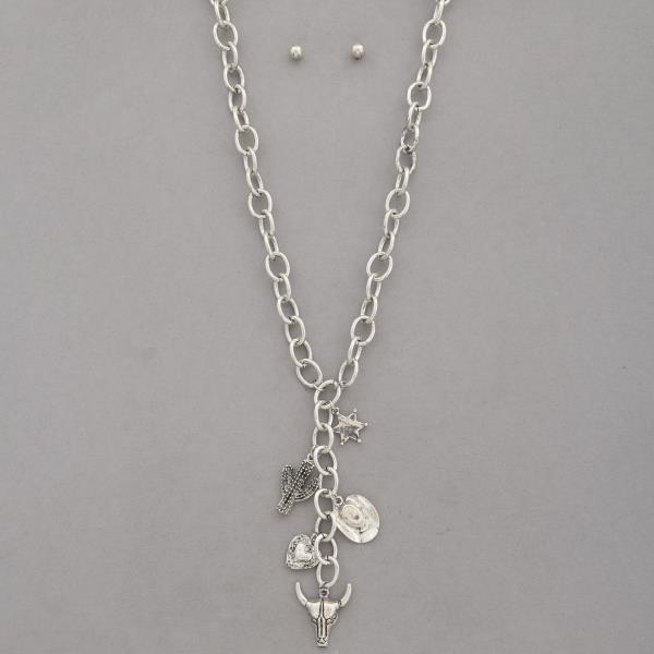 CATTLE SKULL WESTERN CHARM Y SHAPE METAL NECKLACE