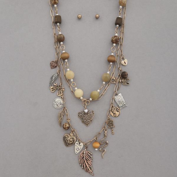LEAF HEAR CHARM BEADED LAYERED NECKLACE