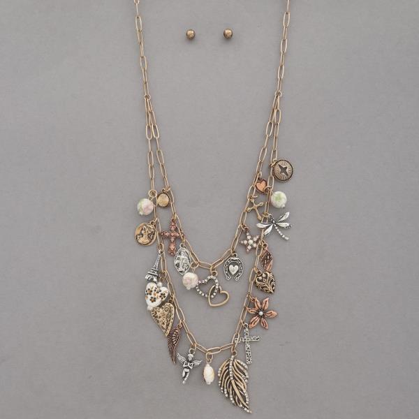 LEAF PENDANT MULTI CHARM OVAL LINK LAYERED NECKLACE
