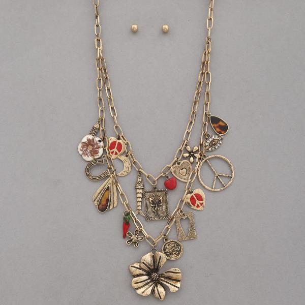 FLOWER PENDANT MULTI CHARM LAYERED NECKLACE