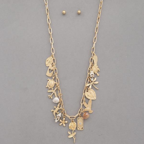 SEA LIFE MULTI CHARM OVAL LINK METAL NECKLACE
