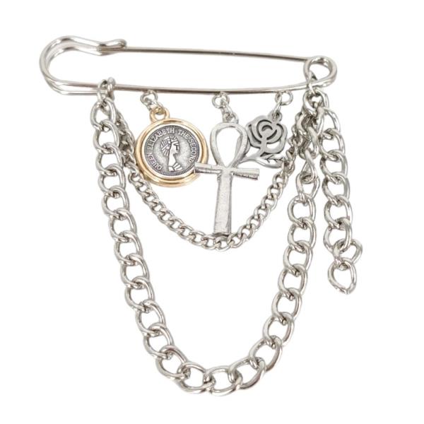 MULTI COIN CROSS CHARM BROOCH PIN