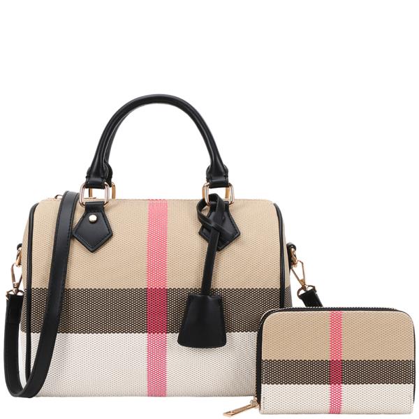 2IN1 PLAID STYLE BOSTON SATCHEL W WALLET SET