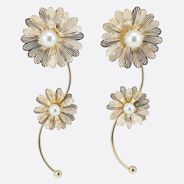 DOUBLE FLOWER PEARL BEAD META BAR EARRING