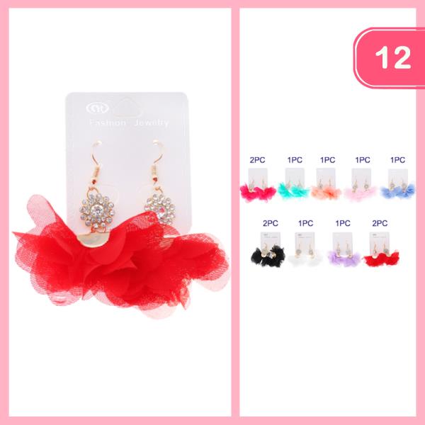 FLOWER RHINESTONE PUFF DANGLE EARRING (12 UNITS)
