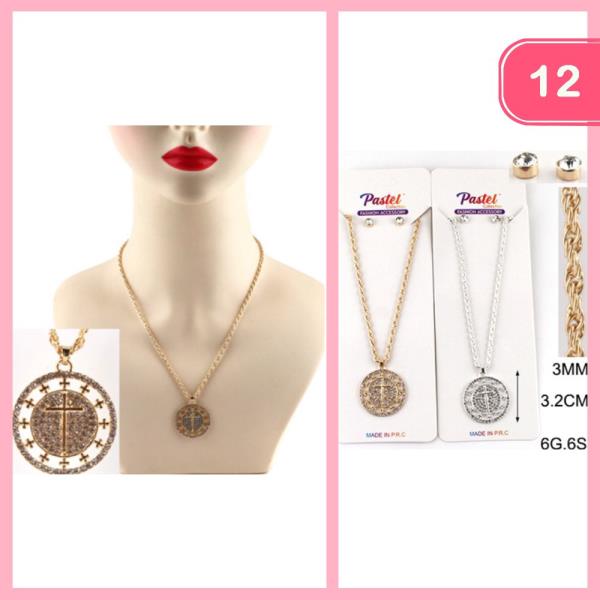 RHINESTONE CROSS ROUND PENDANT NECKLACE (12 UNITS)