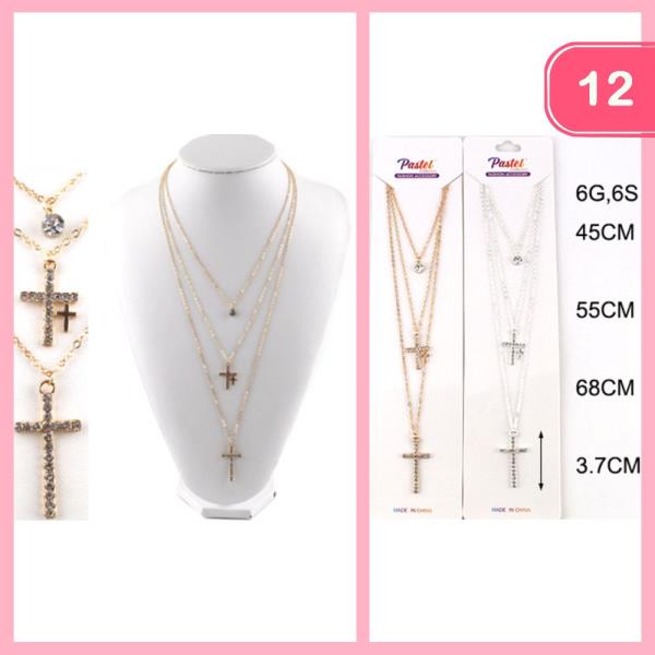 CROSS RHINESTONE PENDANT LAYERED NECKLACE (12 UNITS)