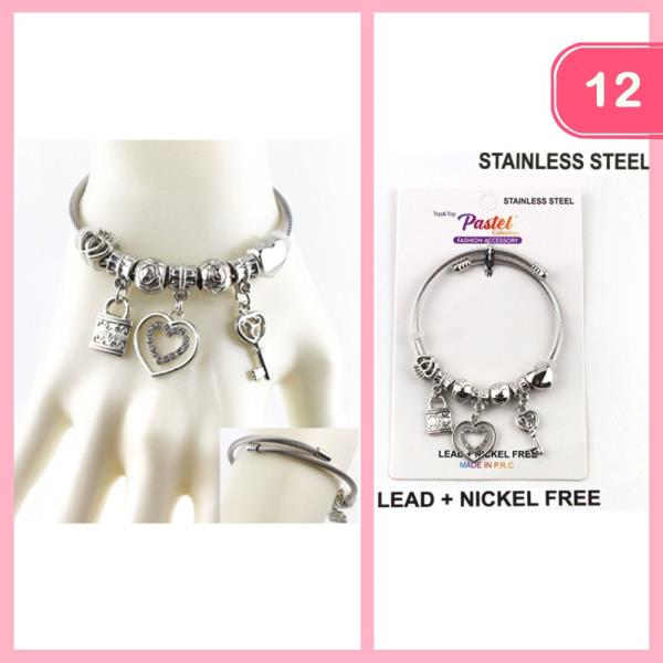 STAINLESS STEEL HEART LOCK KEY BRACELET (12 UNTIS)