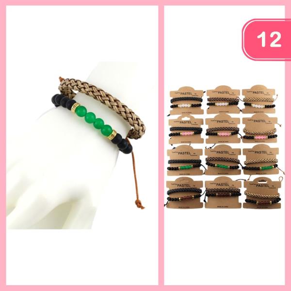BRAIDED BEADED ADJUSTABLE STRETCHY BRACELET SET (12 UNITS)