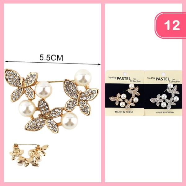 PEARL BUTTERFLY RHINESTONE BROOCH (12 UNITS)