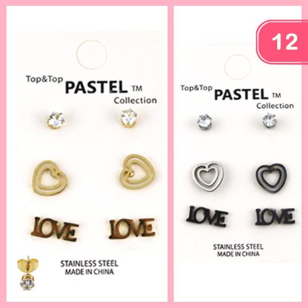 STAINLESS STEEL HEART LOVE POST EARRINGS (12 UNITS)
