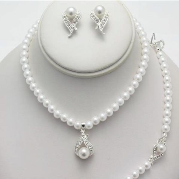 RHINESTONE TEARDROP PENDANT PEARL NECKLACE EARRING BRACELET SET