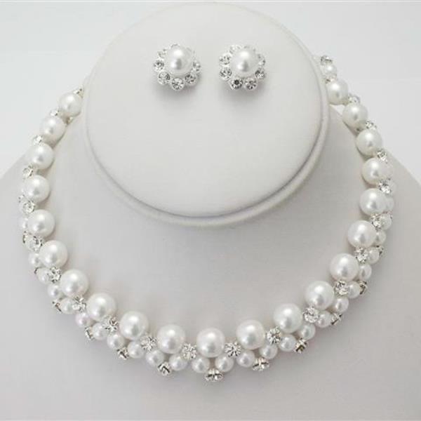 PEARL RHINESTONE NECKLACE EARRING SET