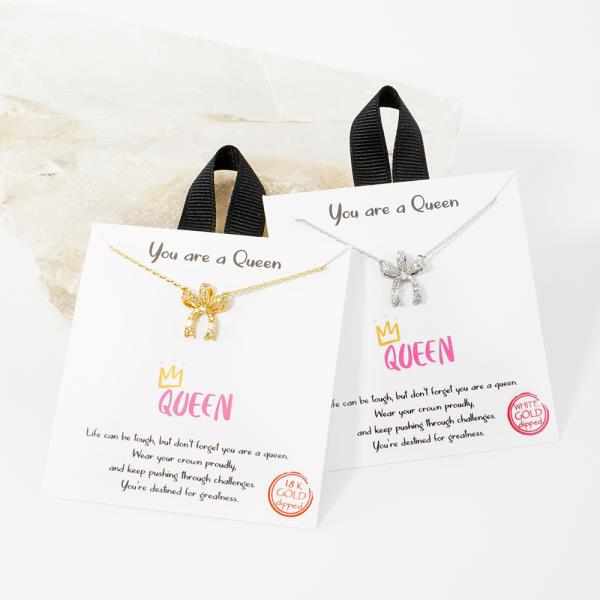 18K GOLD RHODIUM YOU ARE A QUEEN RIBBON PENDANT NECKLACE