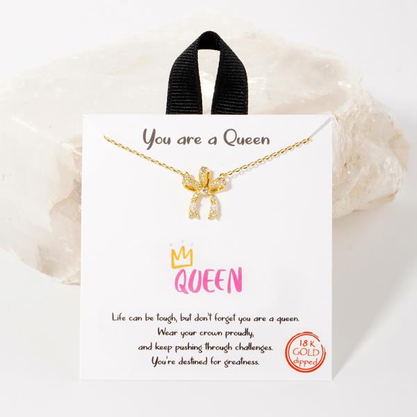 18K GOLD RHODIUM YOU ARE A QUEEN RIBBON PENDANT NECKLACE