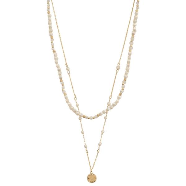 HAMMERED METAL COIN DAINTY PEARL BEAD LAYERED NECKLACE