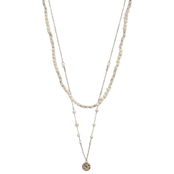 HAMMERED METAL COIN DAINTY PEARL BEAD LAYERED NECKLACE